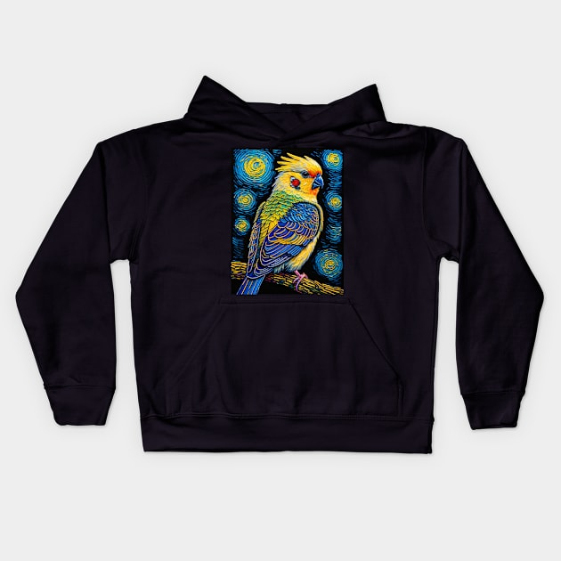 Cockatiel in starry night Kids Hoodie by FUN GOGH